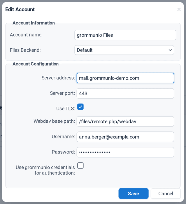 The Edit Account dialog with account name, backend Default, server address, port 443, TLS and the WebDAV base path of grommunio Files