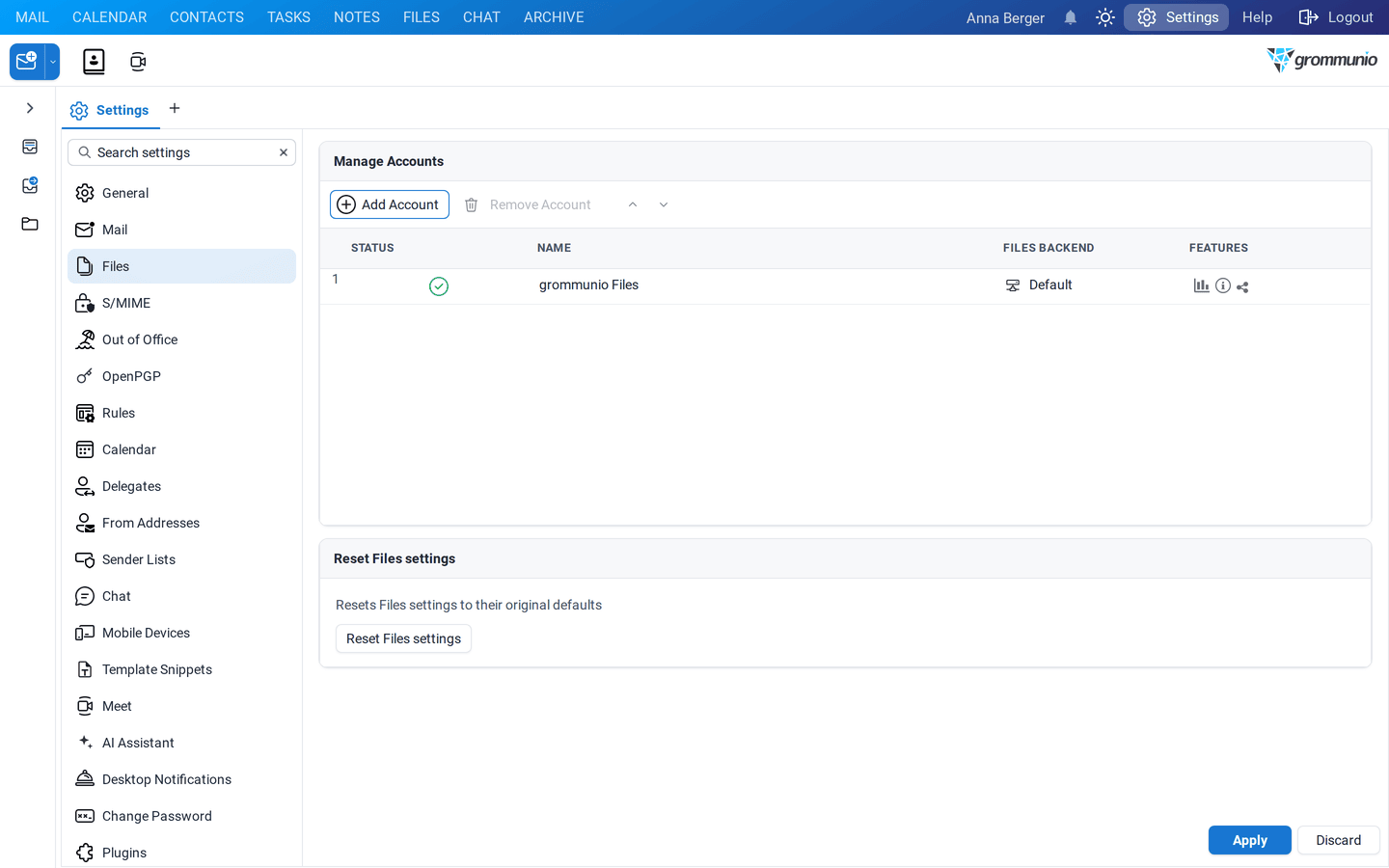 The Manage Accounts list with the account grommunio Files