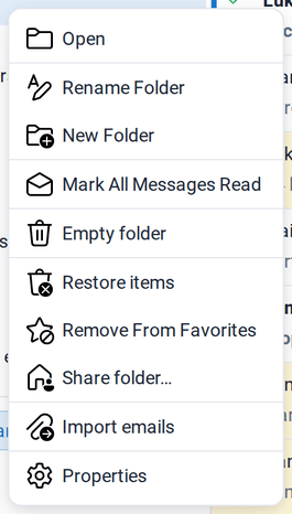 The context menu of a folder with Open, Copy/Move Folder, Rename Folder, New Folder, Mark All Messages Read, Delete Folder, Empty folder, Reload, Restore items, Select color, Add to Favorites, Share folder, Import emails and Properties