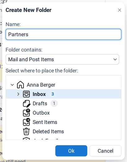 The New Folder dialog with the folder name Partners, the folder type Mail and Note items and the parent folder Inbox