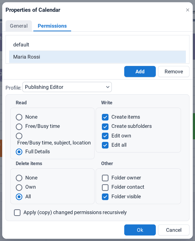 The Permissions tab of the calendar properties: Maria Rossi has the profile Publishing Editor with Full Details, all write rights and Delete All