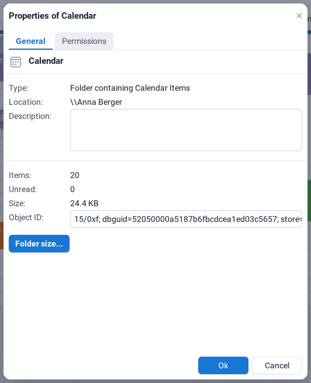 The General tab of the calendar properties with type, location, number of items and size