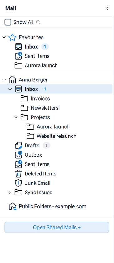 The folder pane with Favourites, the mailbox of Anna Berger with its folders, Public Folders and the Open Shared Mails button