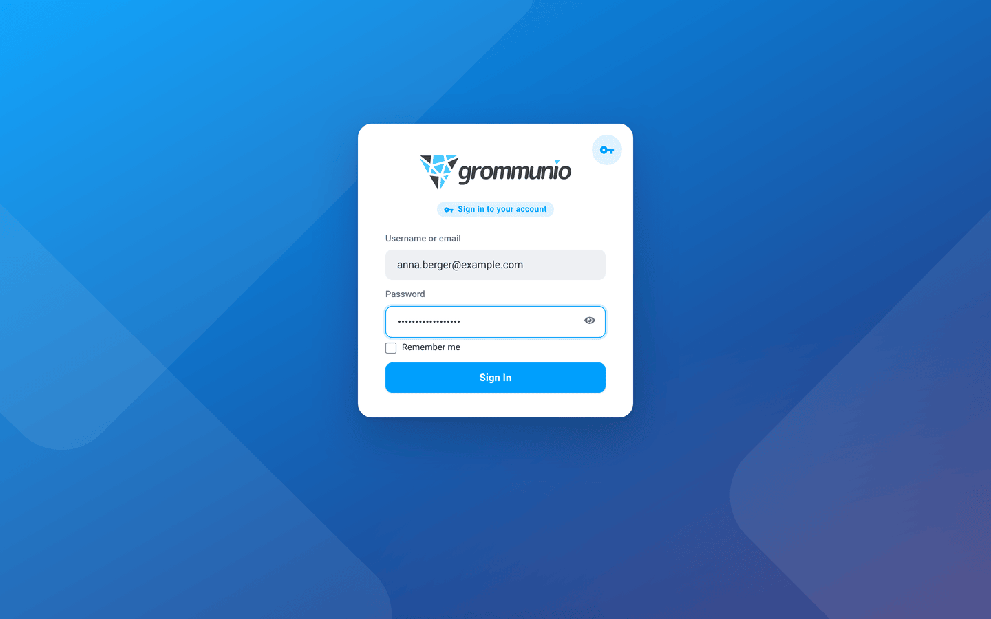 The grommunio sign-in page with fields for user name and password, a Remember me checkbox and the Sign In button