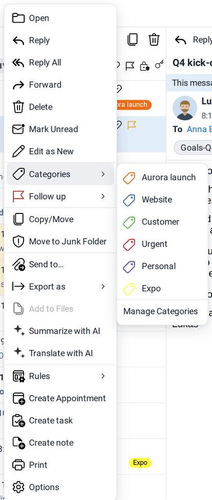 The Categories submenu listing Aurora launch, Website, Customer, Urgent, Personal and Expo, and Manage Categories