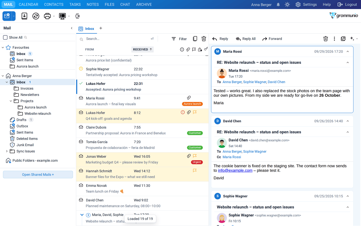 The inbox in conversation view: the Website relaunch conversation with three participants is expanded, and the reading pane shows the messages of the conversation as cards