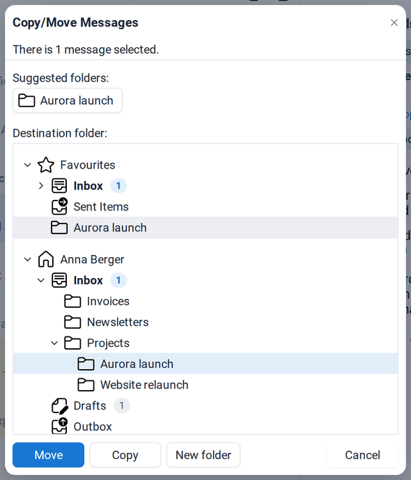 The Copy/Move Messages dialog suggesting the folder Aurora launch for a mail from Maria Rossi