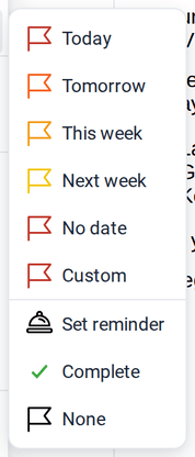 The Follow up submenu with due dates such as Today, Tomorrow, This week and Next week, and the Complete option