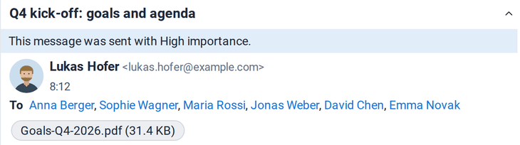 The header of a mail with the information bar This message was sent with High importance and a PDF attachment