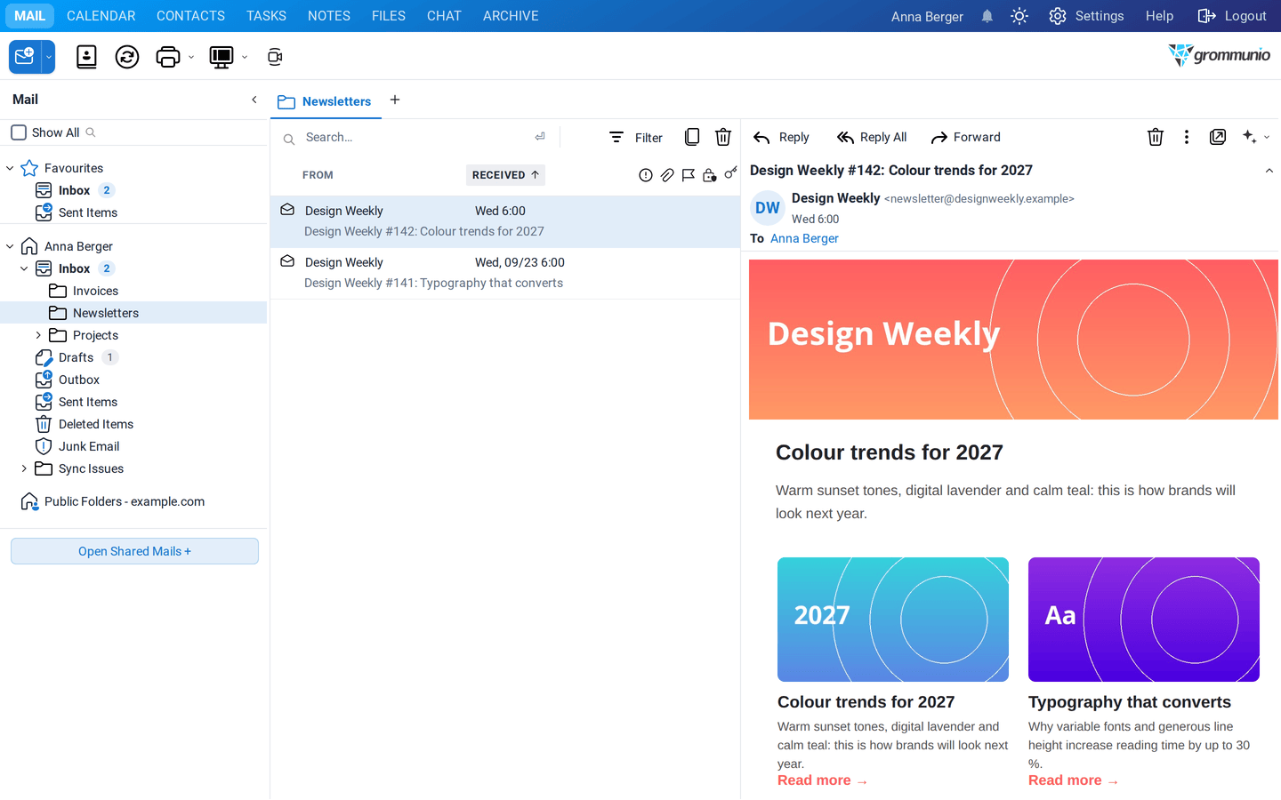 A newsletter with a large colourful header and two article teasers displayed in the reading pane