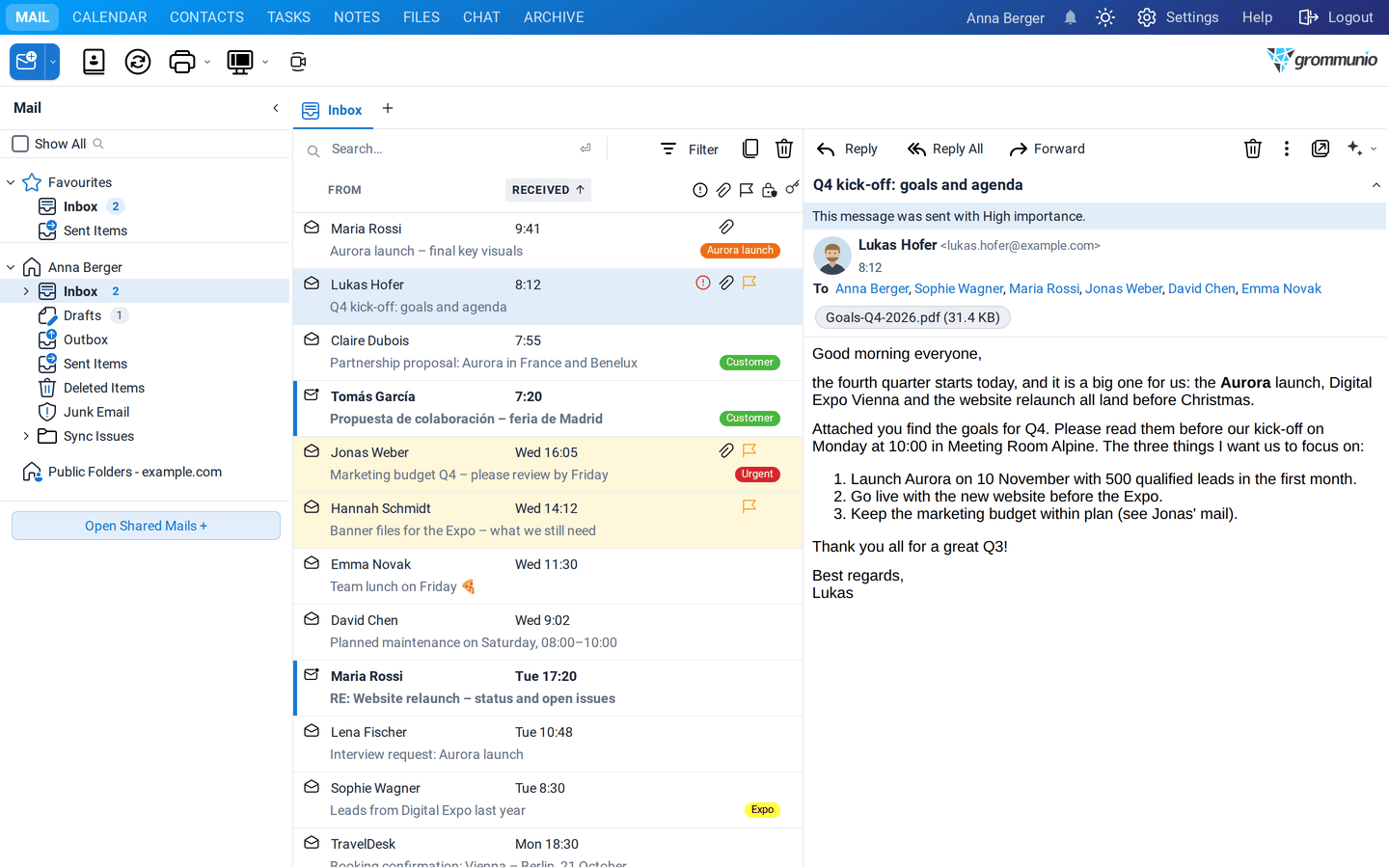 The Mail view with the inbox list and a mail from Lukas Hofer with an attachment in the reading pane