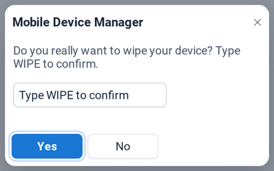 The confirmation dialog asking to type WIPE to wipe the device