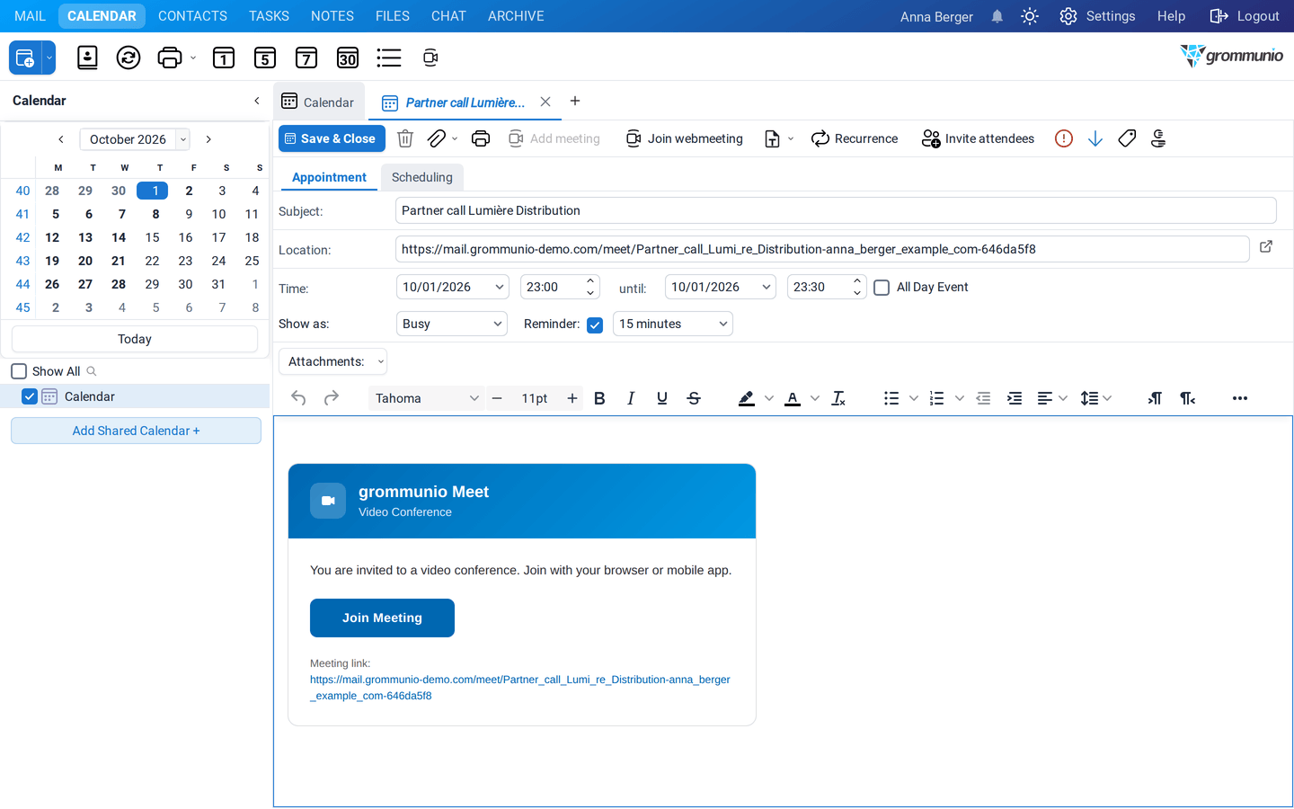 An appointment with the Meet address in the location and the grommunio Meet invitation with the Join Meeting button in the notes