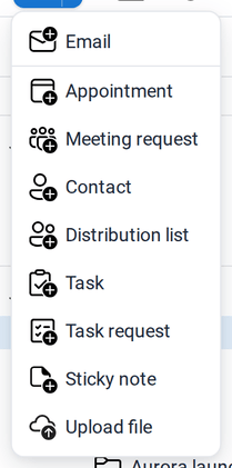 The New menu listing Email, Appointment, Meeting request, Contact, Distribution list, Task, Task request and Sticky note