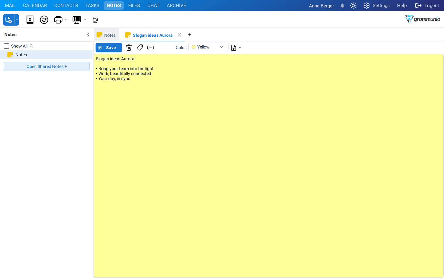 The note Slogan ideas Aurora open in its own tab, with the Save button and the color Yellow