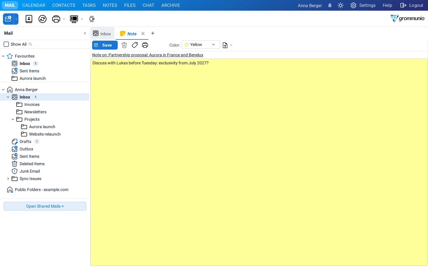 A new yellow sticky note with the link Note on: Partnership proposal and a short text