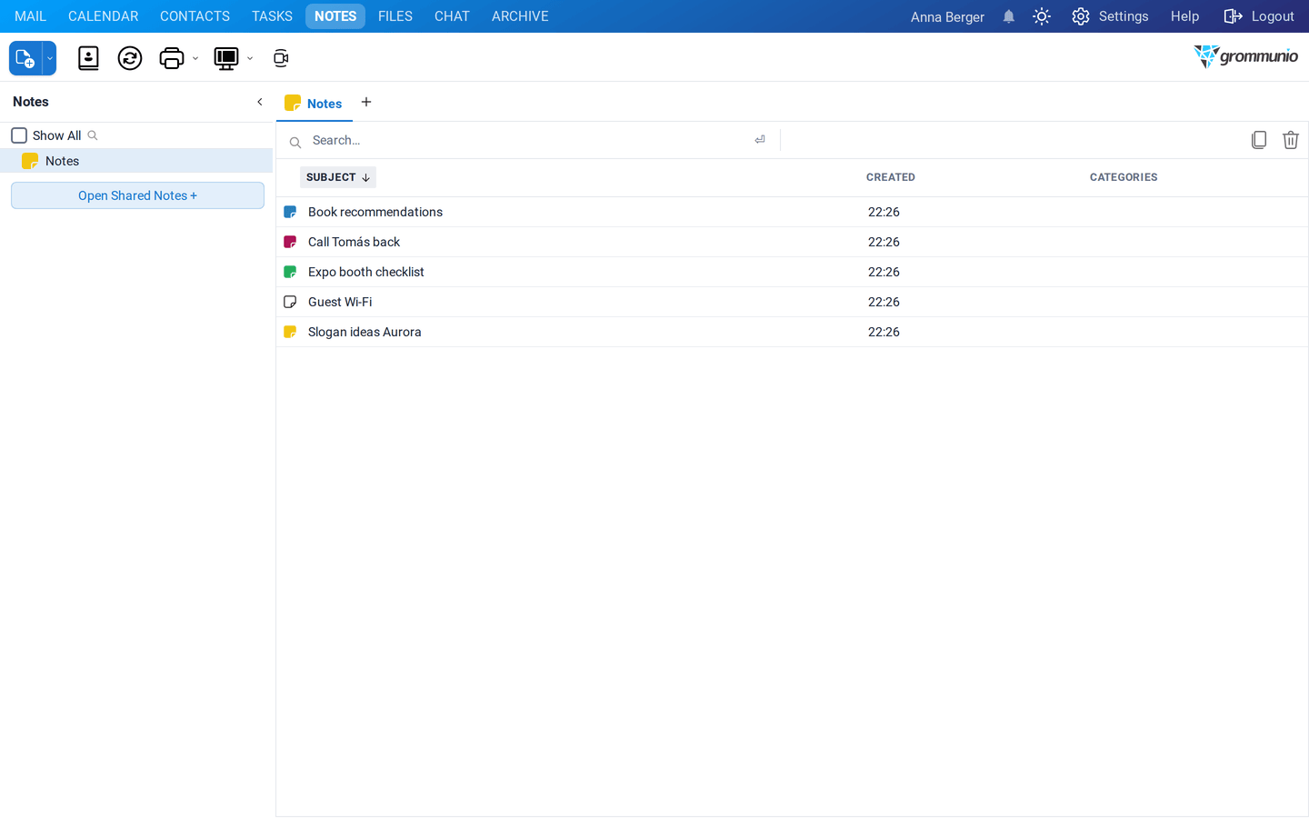 The notes in the list view