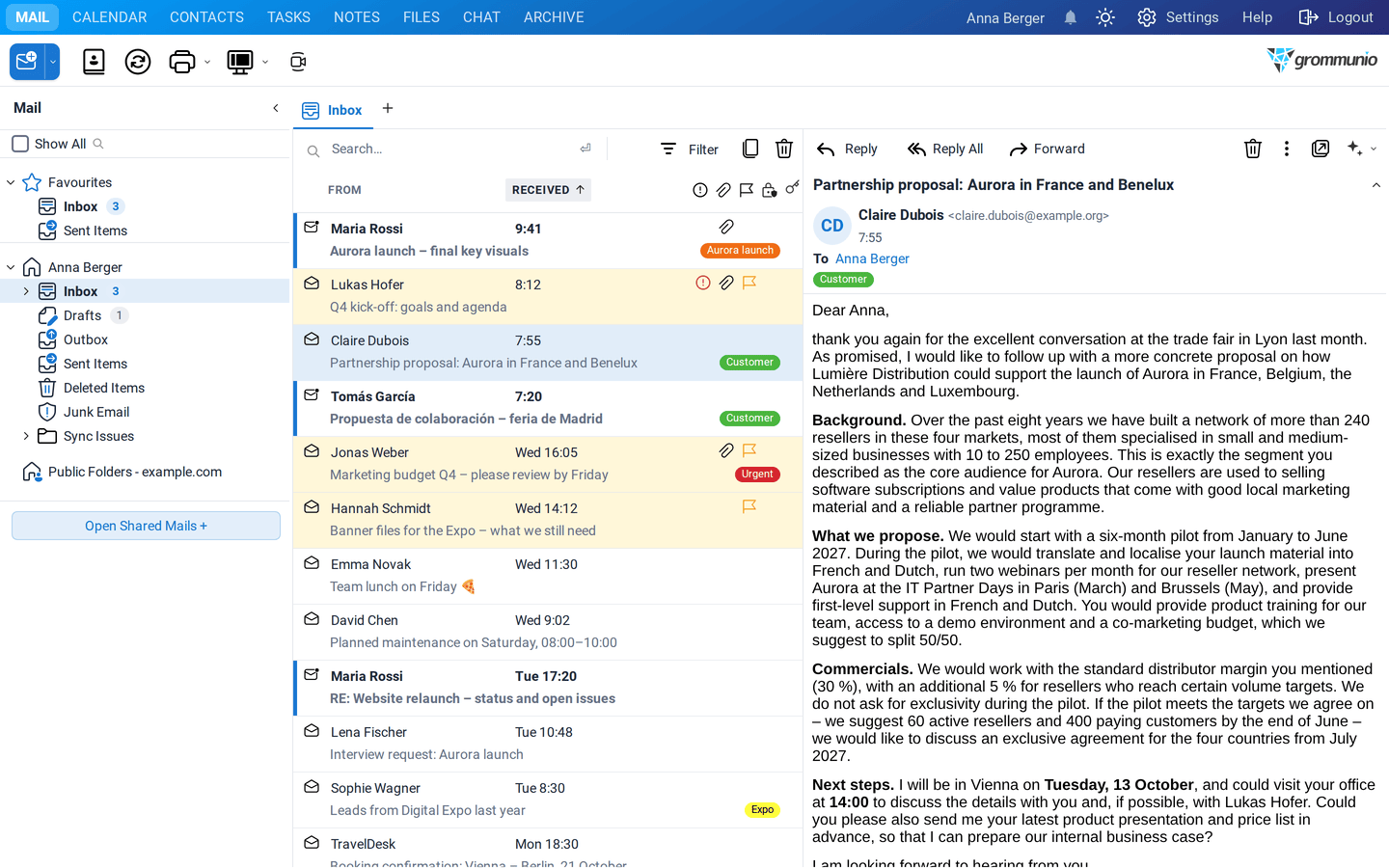 grommunio Web showing the inbox of Anna Berger with the reading pane open on a partner proposal
