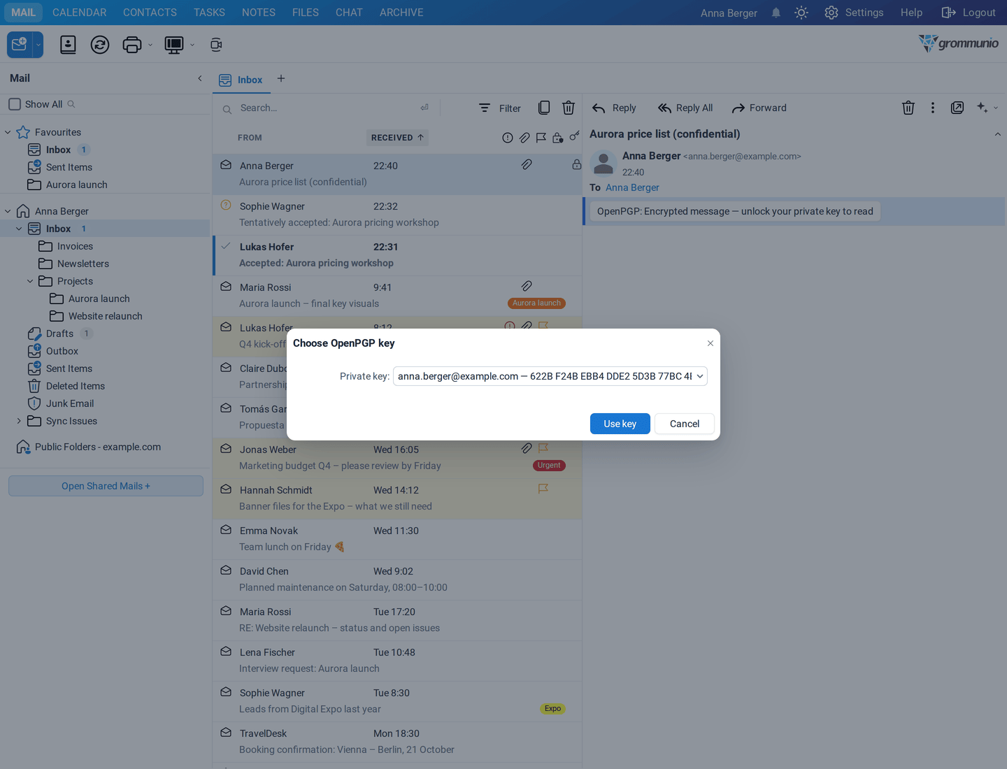 A decrypted mail with the status OpenPGP: Message decrypted · Valid signature from a verified sender