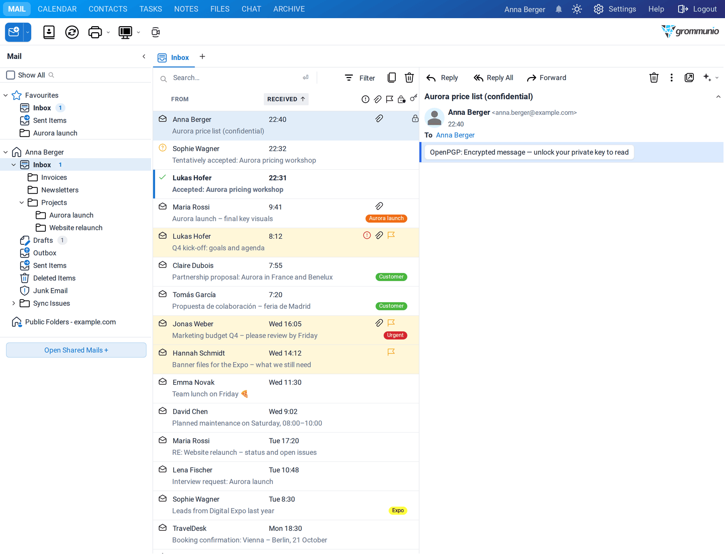An encrypted mail in the reading pane with the line OpenPGP: Encrypted message — unlock your private key to read
