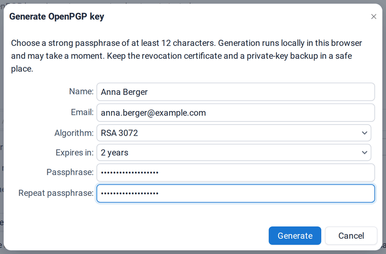 The Generate OpenPGP key dialog with name, e-mail, algorithm, expiry and passphrase
