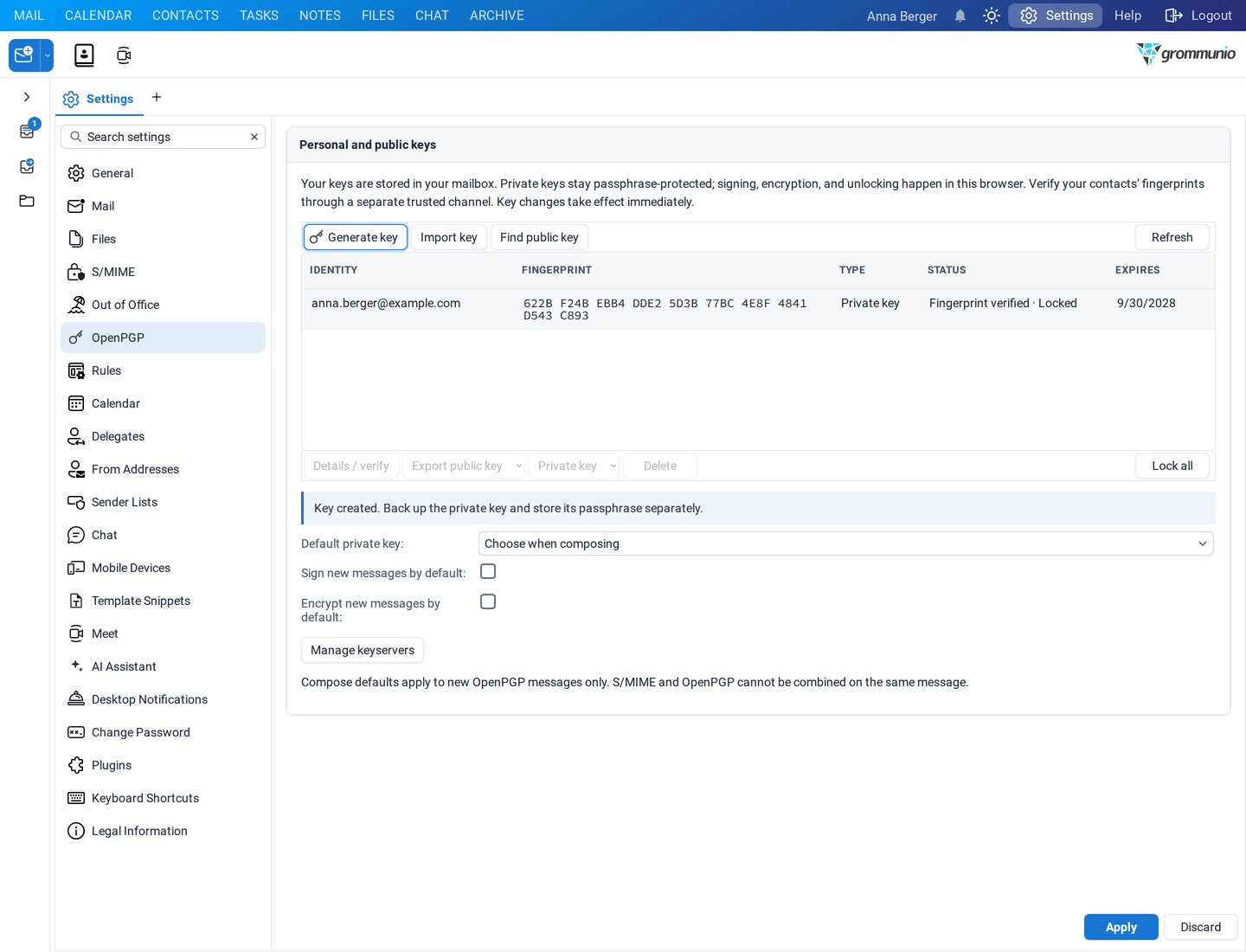 The OpenPGP settings with the key list, the buttons Generate key, Import key and Find public key, and the defaults for new messages