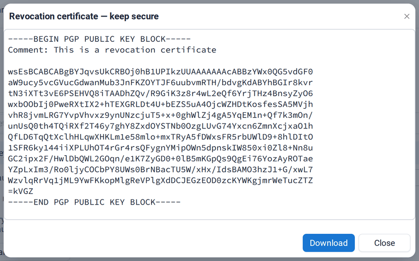 The Revocation certificate — keep secure window with the certificate and a Download button