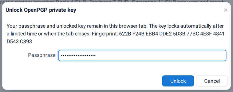 The Unlock OpenPGP private key dialog with the passphrase field
