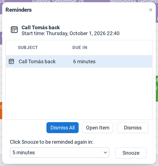 The Reminders window with a due appointment and the Dismiss All, Open Item, Dismiss and Snooze buttons