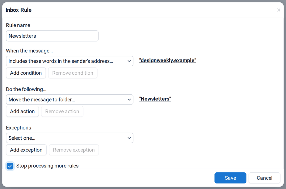 The rule Newsletters: mails whose sender address contains designweekly.example are moved to the Newsletters folder, and processing stops