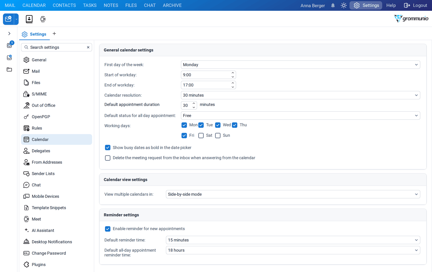 The Calendar settings with working hours, resolution, default durations, multiple calendars and reminder settings