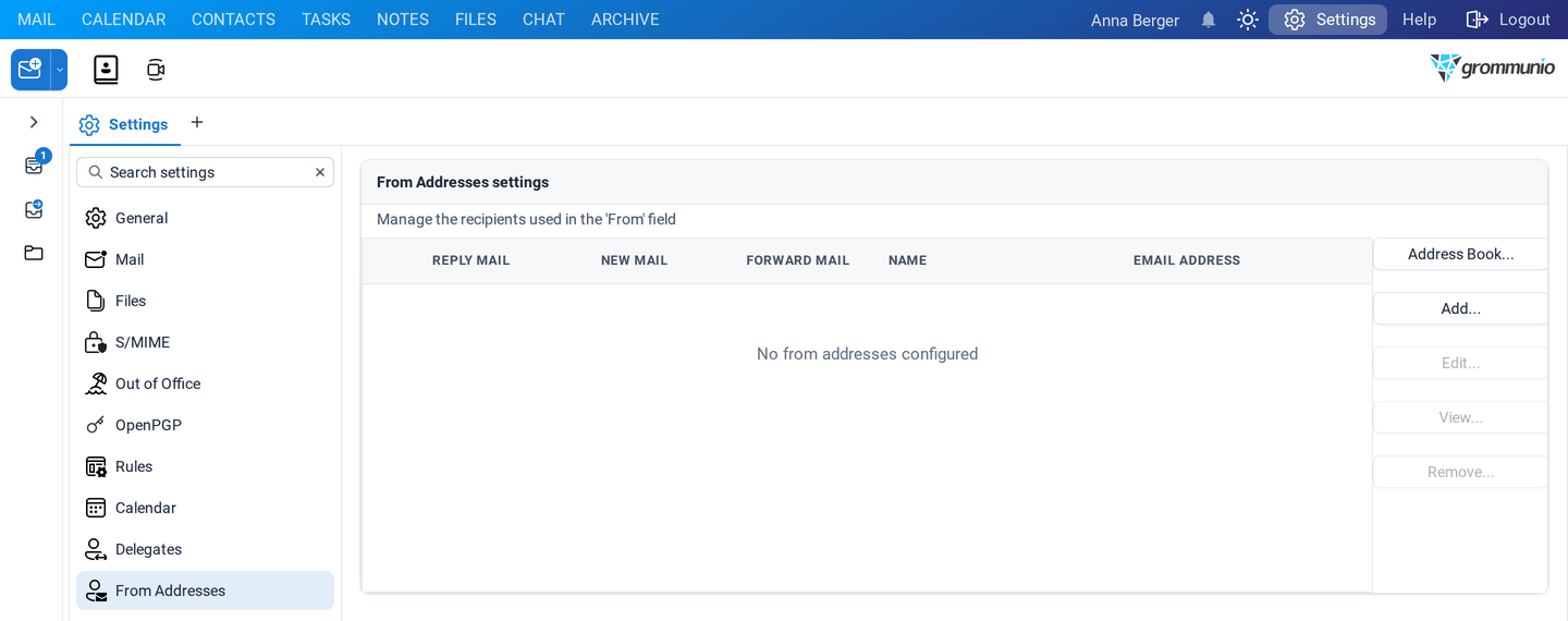 The From Addresses settings