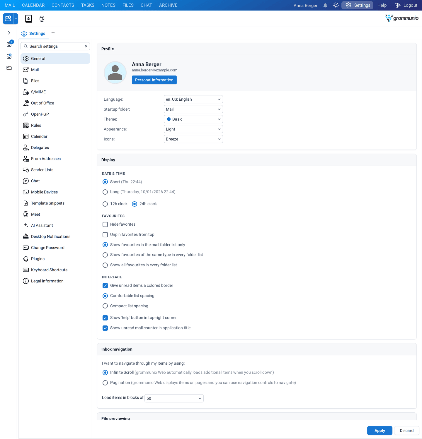 The settings with the category list on the left and the General page on the right