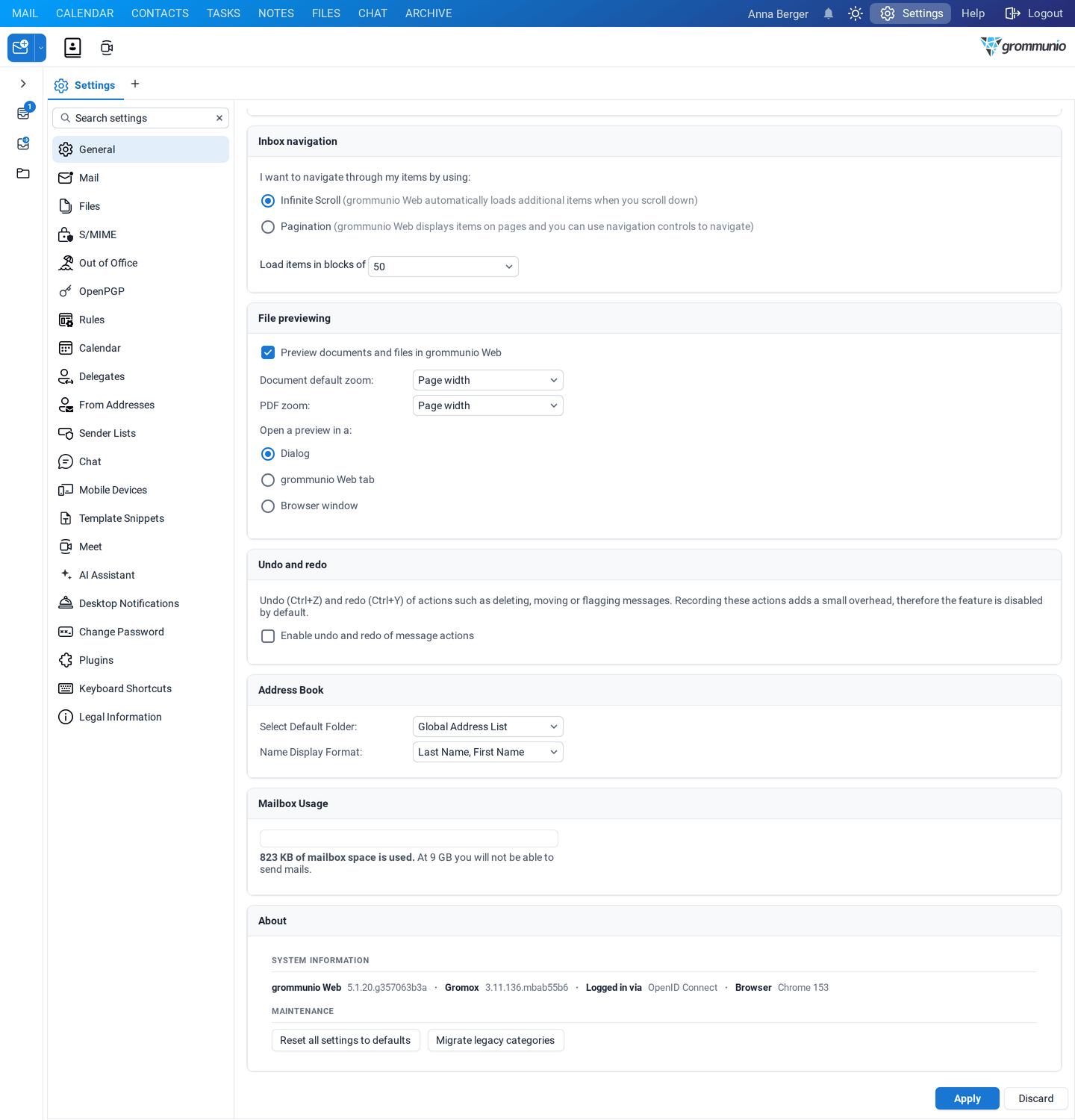 The rest of the General page with Inbox navigation, File previewing, Undo and redo, Address Book, Mailbox Usage and About