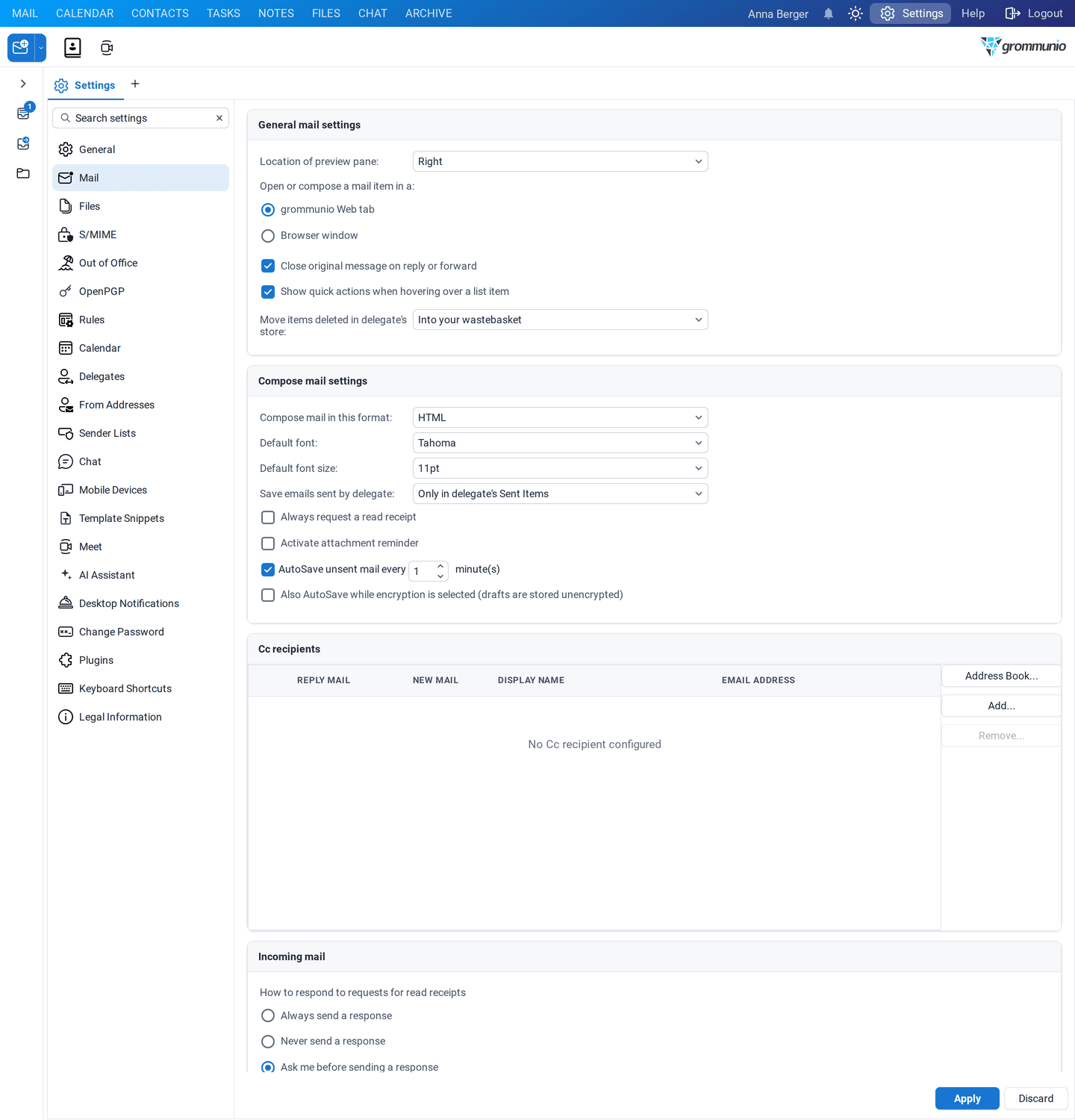 The Mail settings with general mail settings, compose settings, Cc recipients, incoming mail and notifications