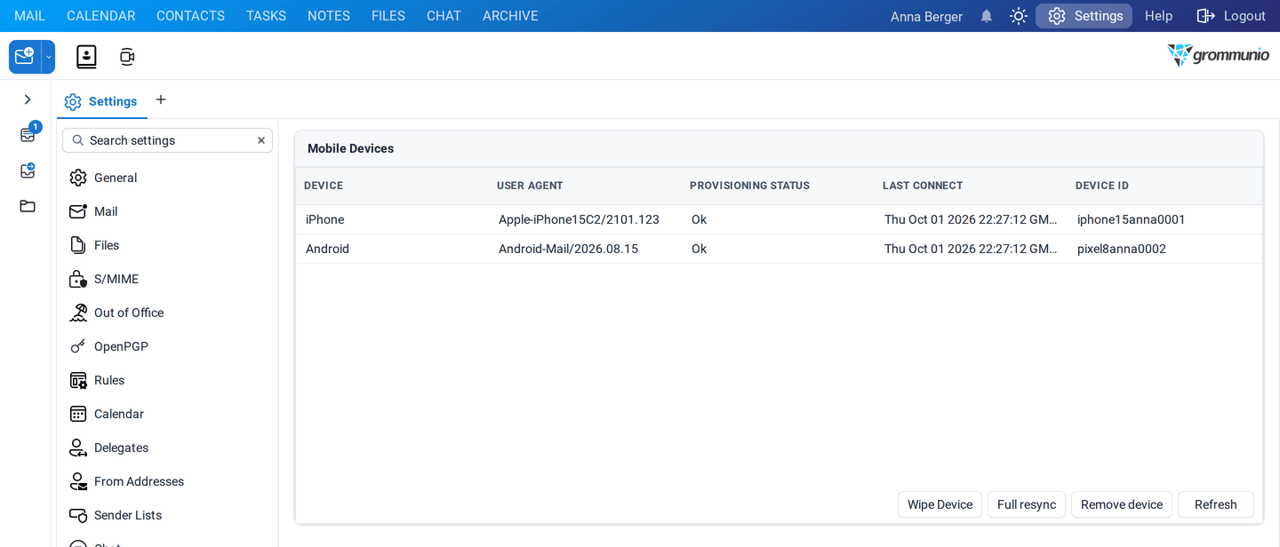 The Mobile Devices settings with an iPhone and an Android device, their user agent, provisioning status and last connection