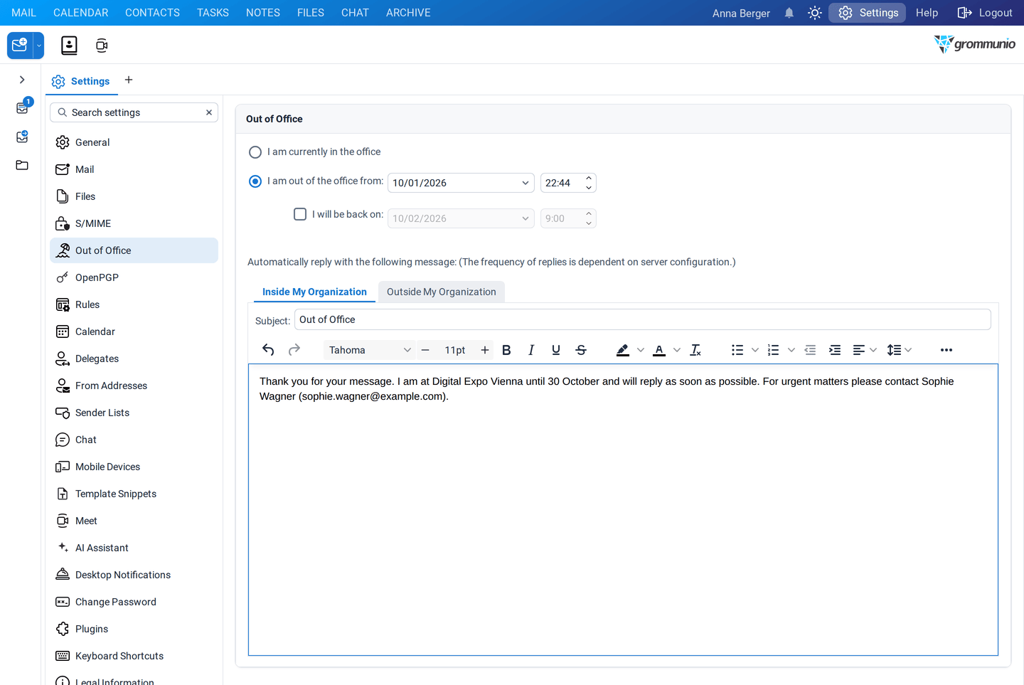 The Out of Office settings with I am out of the office from selected and an automatic reply text