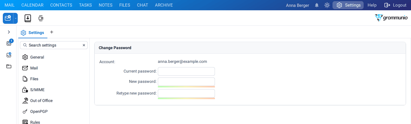 The Change Password settings with current password, new password and confirmation
