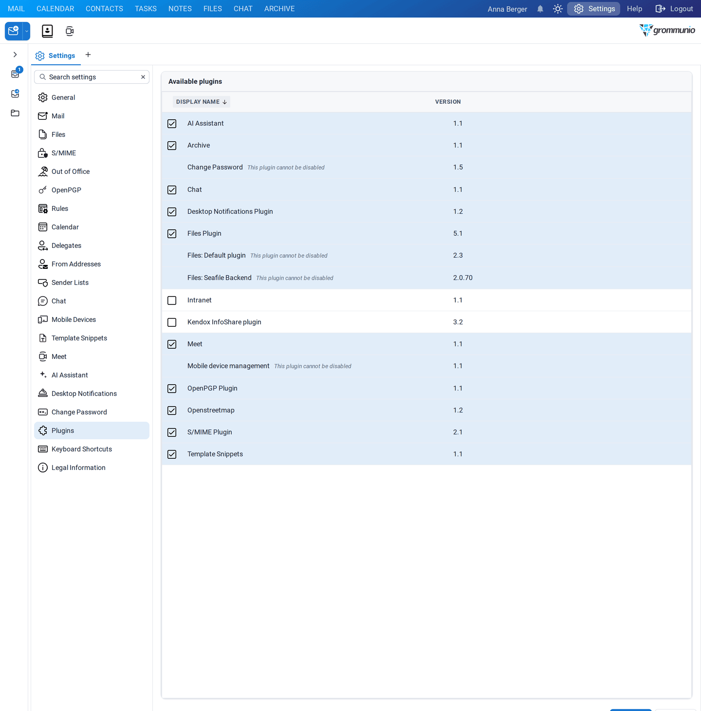 The Plugins settings with checkboxes for the optional plugins and their versions