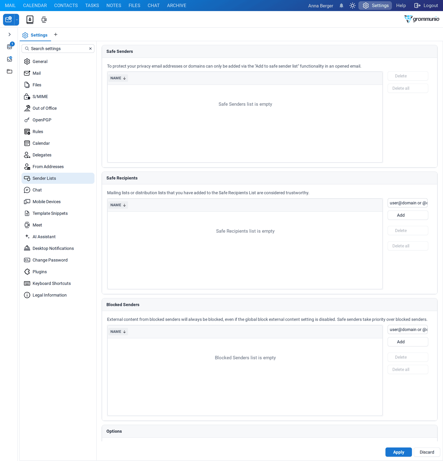 The Sender Lists settings with Safe Senders, Safe Recipients and Blocked Senders
