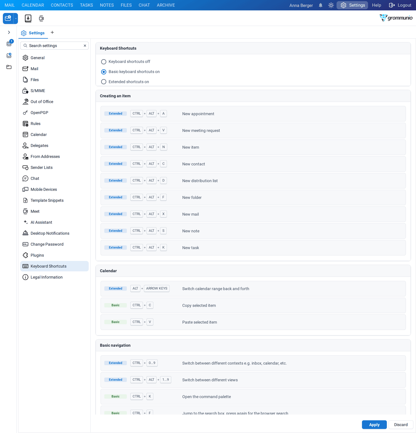 The Keyboard Shortcuts settings with the shortcut level and the list of shortcuts grouped by area