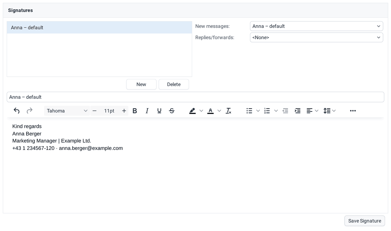 The signature Anna – default with name, title and phone number, set as the signature for new messages