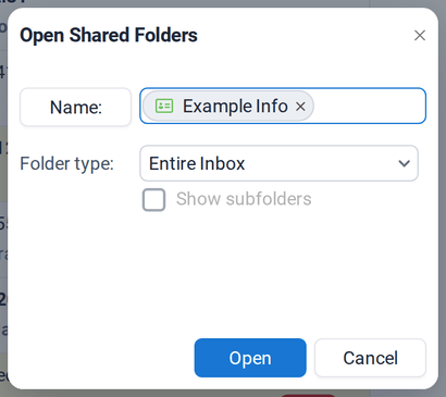 The Open Shared Folders dialog with Example Info as name and Entire Inbox as folder type