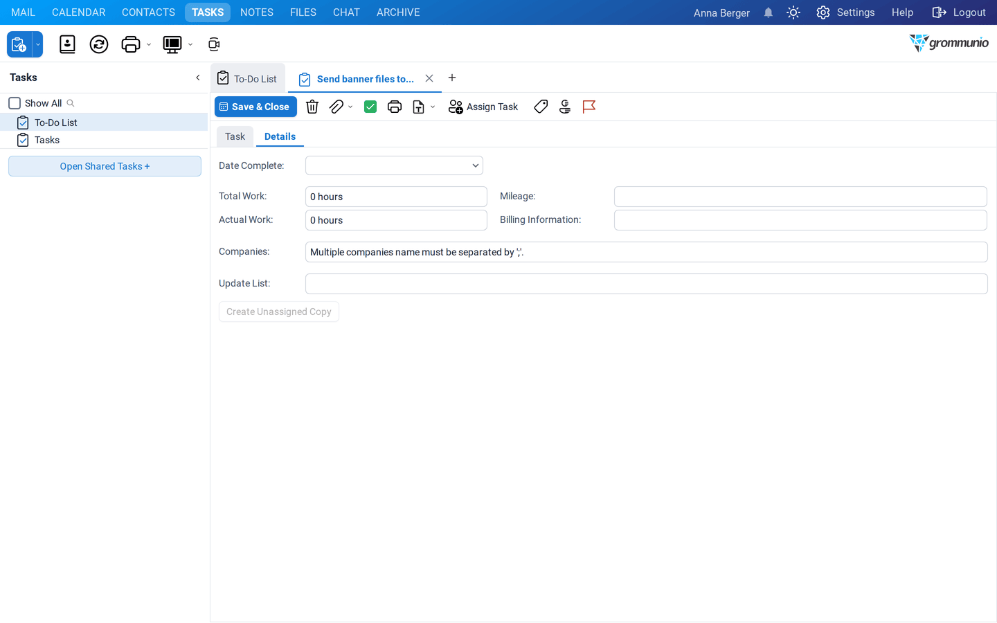 The Details tab with date completed, total and actual work, mileage, billing information and companies