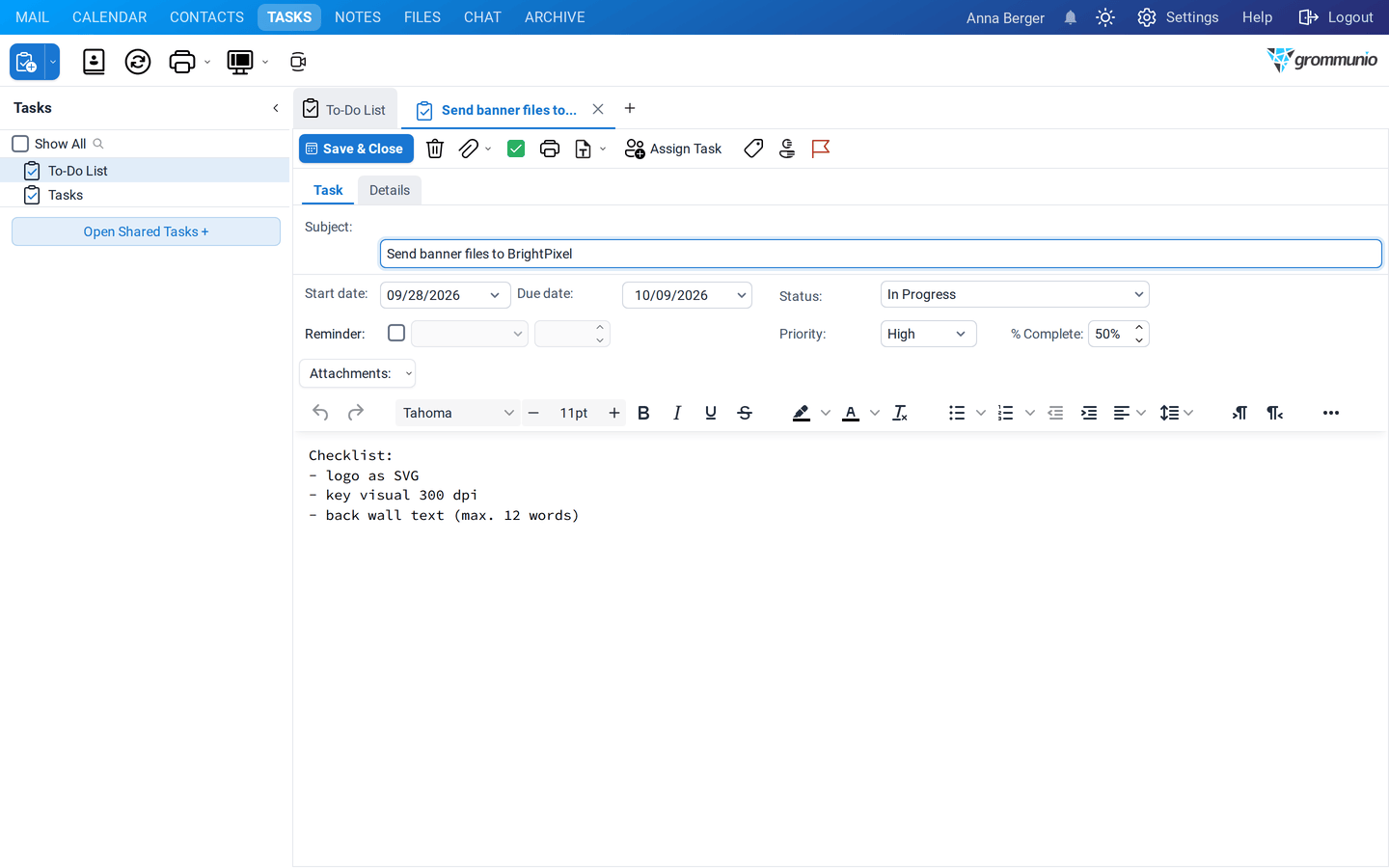 The task Send banner files to BrightPixel with start and due date, status In Progress, priority High, 50 % complete and a checklist in the notes