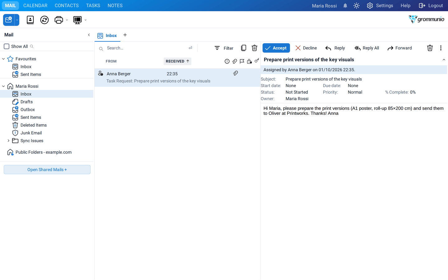 The task request in the inbox of Maria Rossi with the Accept and Decline buttons