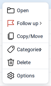 The context menu of a task with Open, Follow up, Copy/Move, Categories, Delete and Options