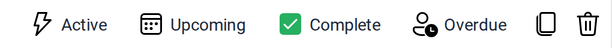 The filter buttons Active, Upcoming, Complete and Overdue