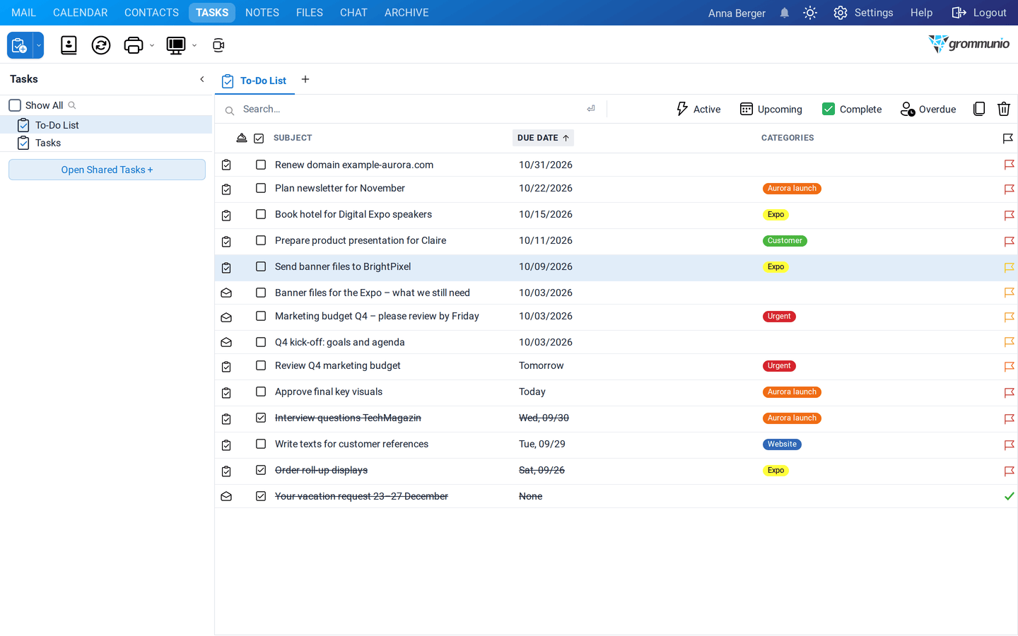 The To-Do List with tasks sorted by due date, their categories and follow-up flags