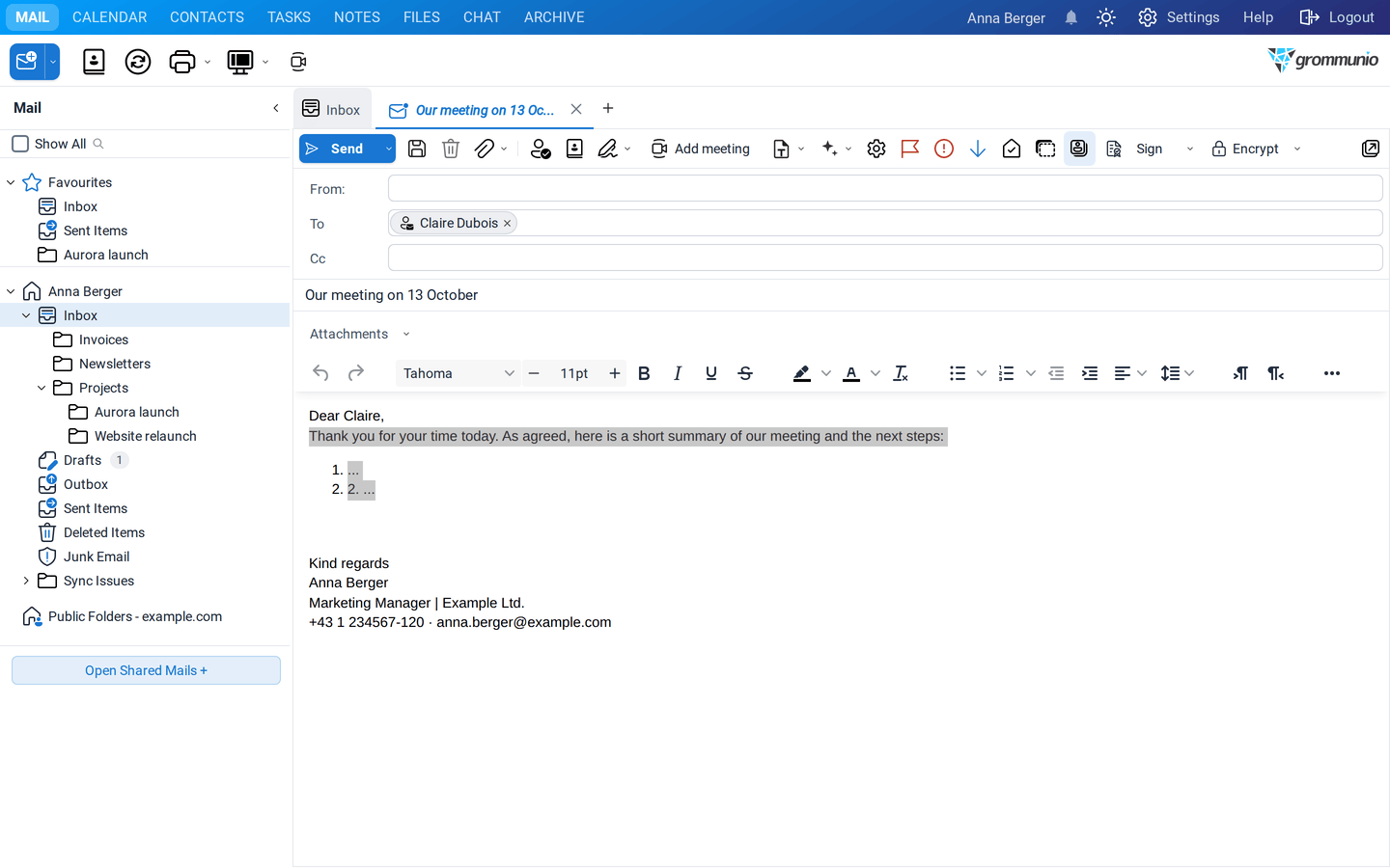 A new mail to Claire Dubois with the inserted template text